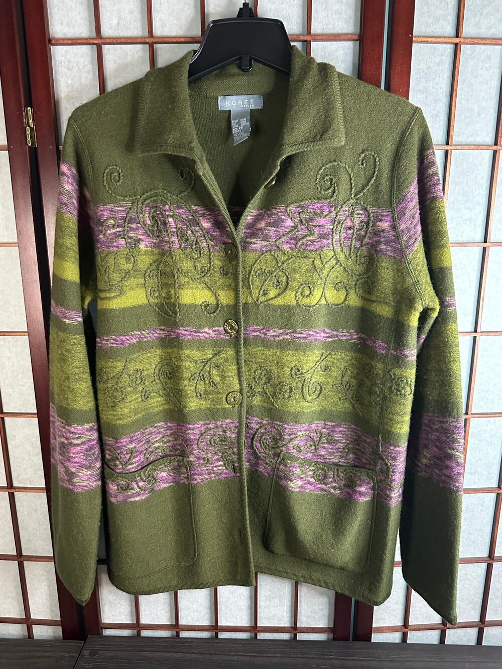 Koret women's green and purple striped cardigan sweater with paisley embroidery